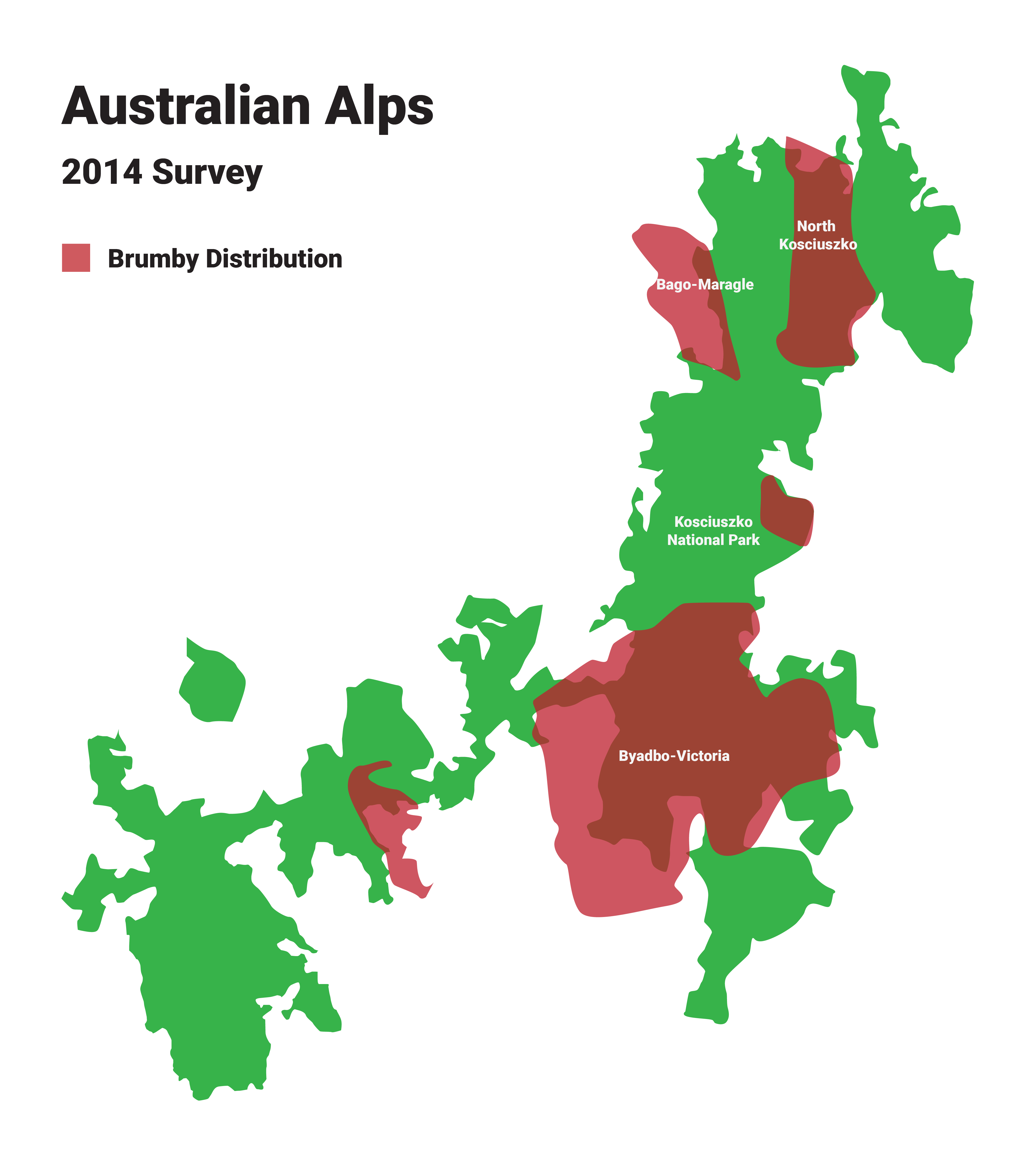 a map of the australian alps with brumby distribution marked on it