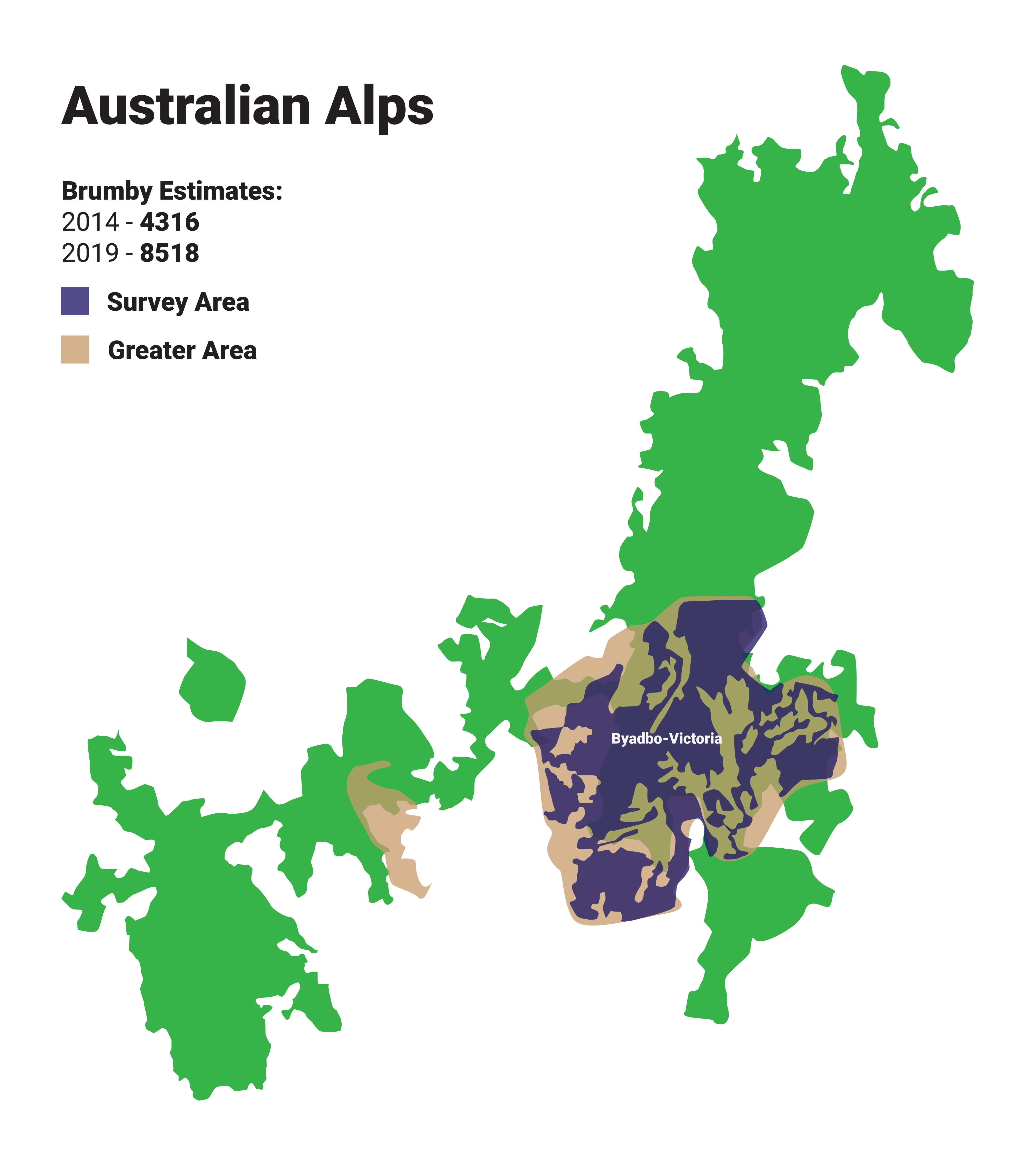 a map of the australian alps with brumby distribution for the Byadbo-Victoria area