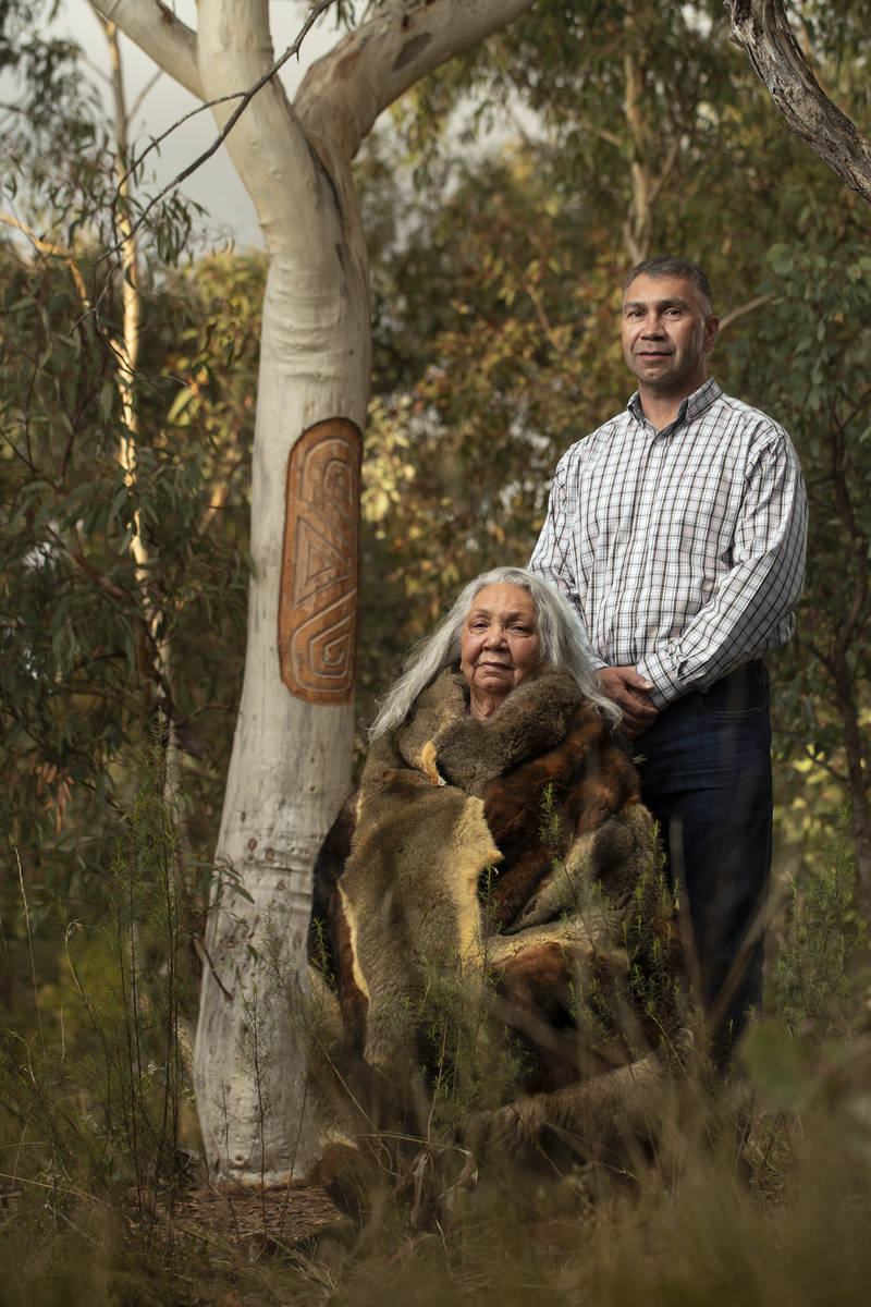 an aboriginal pair standing next a tree carved with designs