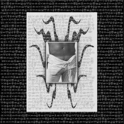 digital art, picture of person in white shorts covered in crytic symbols, tentacles come out from behind the picture